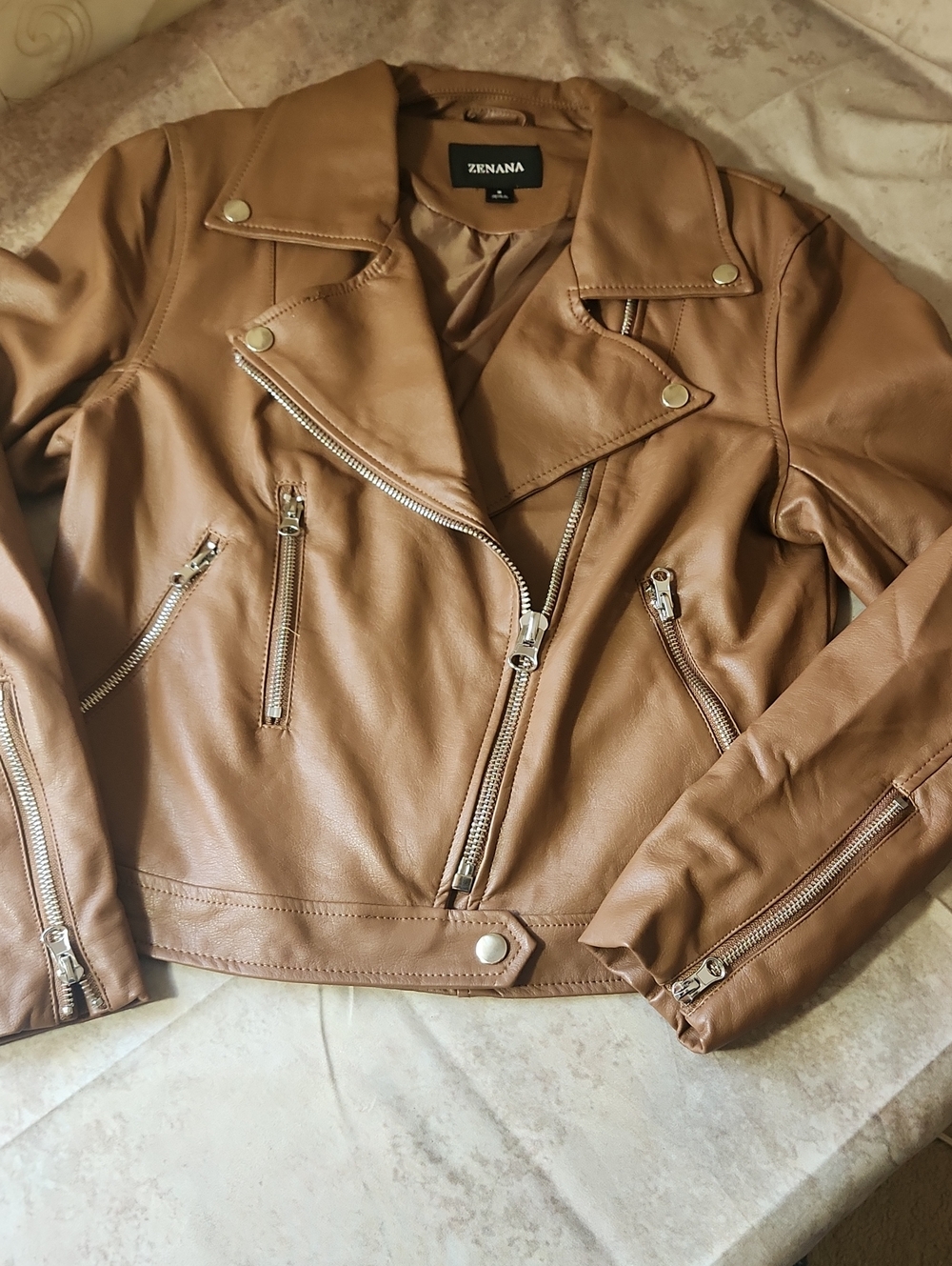Zenana Outfitters Tan Faux Leather Moto Jacket with Silver Hardware